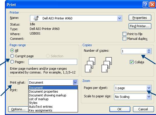 printer prints document properties word starter