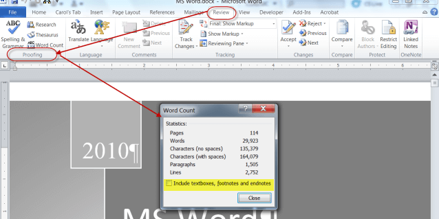 how to do word count on microsoft word