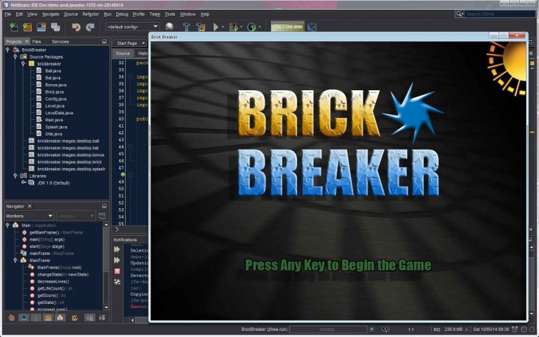 NetBeans running the BrickBreaker project