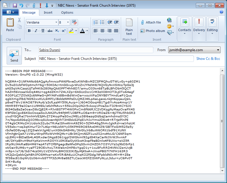 Ciphertext message, ready to send from Windows Mail