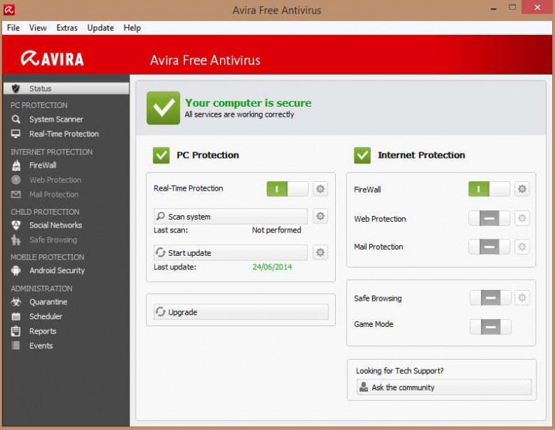 avira - main interface