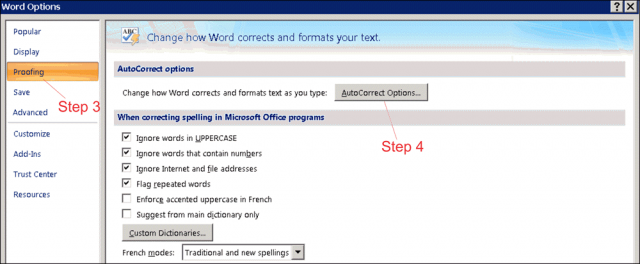 AutoCorrect steps 3 and 4