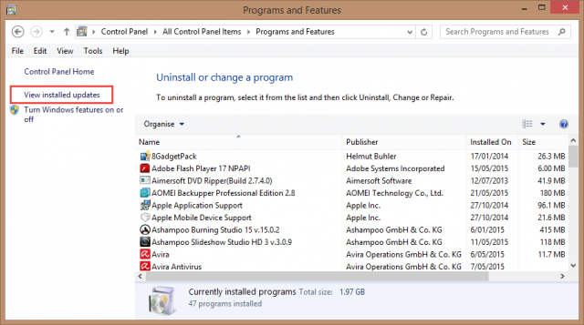 programs and features_view installed updates