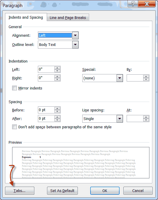 microsoft word set tab stops