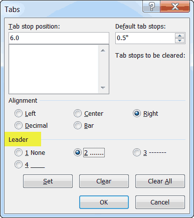 setting tabs in word 2018