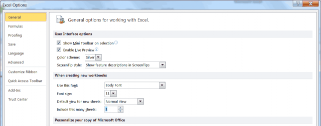 excel options