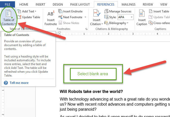 how to create table of contents in word 2013 manually