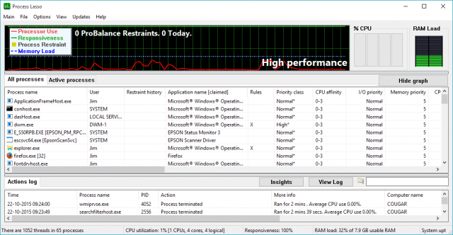 process lasso main interface