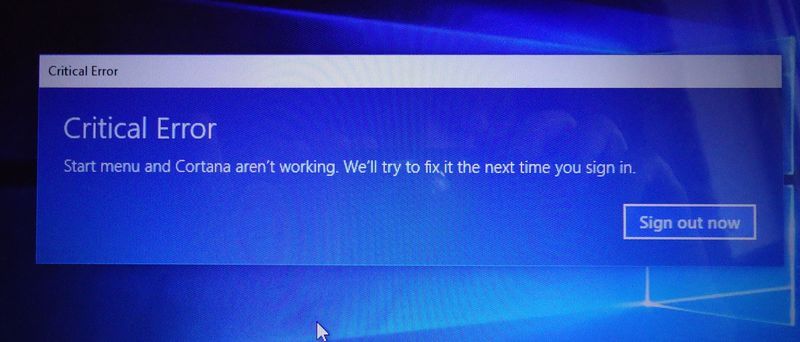critical error start menu cortana not working