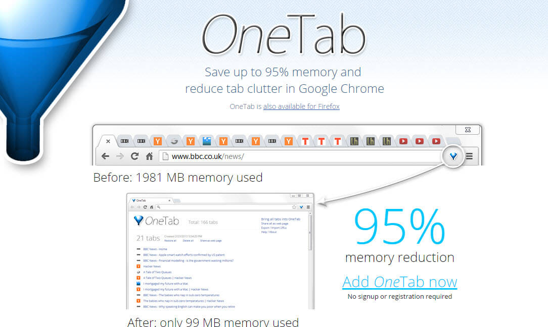 OneTab extension for Google Chrome and Firefox - save up to 95% memory and  reduce tab clutter