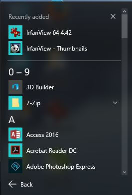 All Apps Window in Windows 10