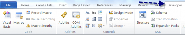 word 2010 developer tab