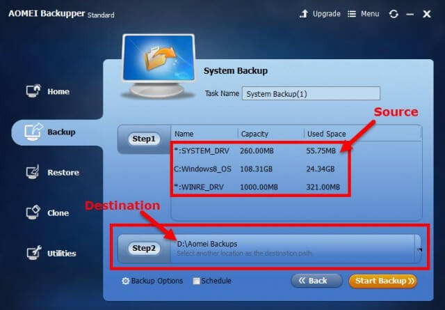 aomei backupper-source and destination