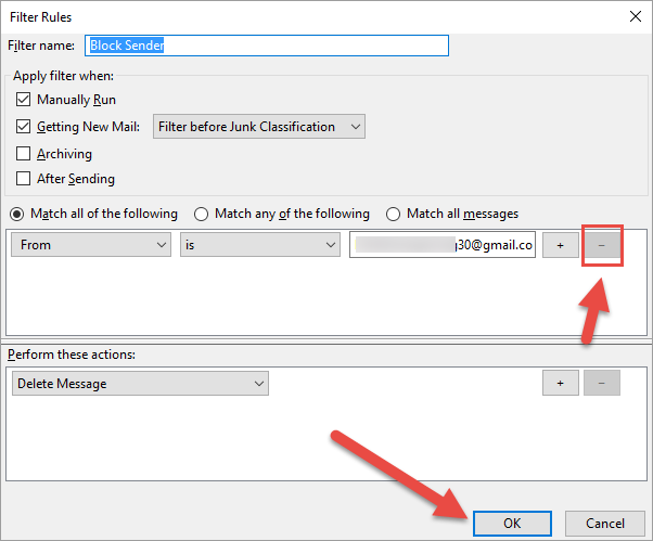 szűrési szabályok küldő eltávolítása