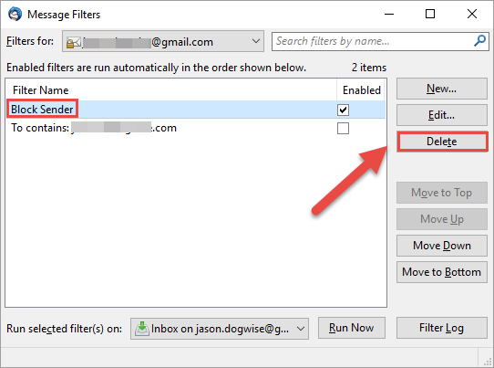 Meddelandefilter Radera alternativ