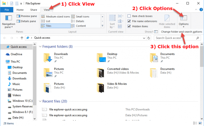 change file explorer default location windows 10