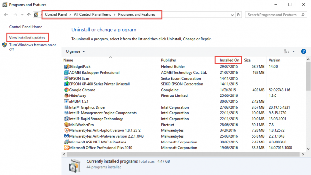 control panel-programs and features