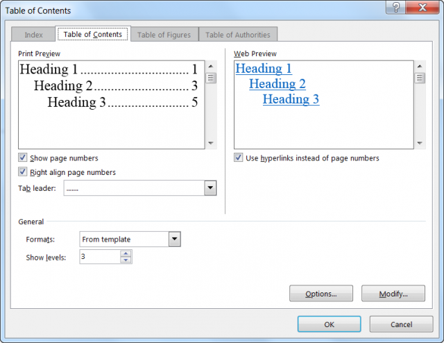 microsoft word table of contents all page 1