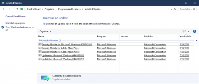control-panel-installed-updates-list