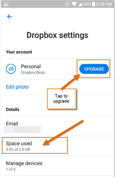 how much storage in a free dropbox account