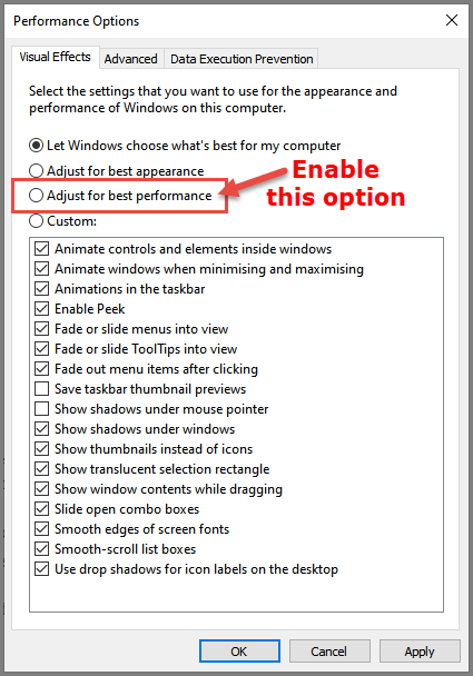 performance options disable visual effects