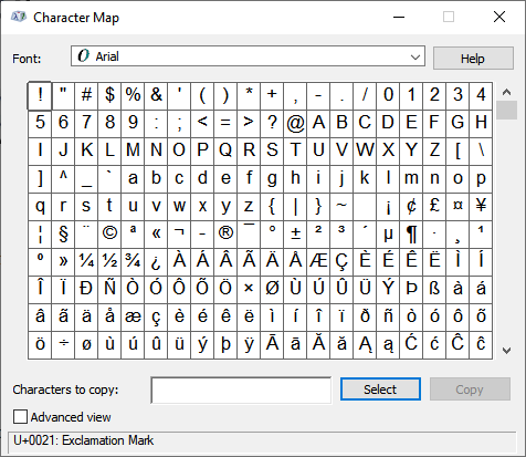 Windows character map