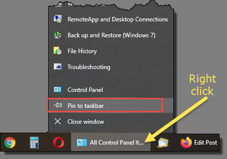 control panel pin to taskbar