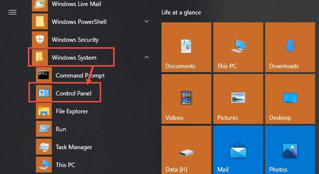 start menu programs windows system control panel