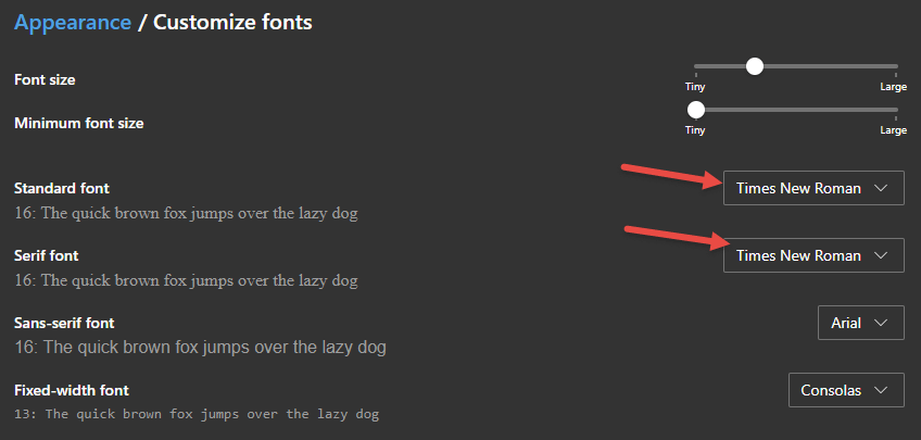 Edge Settings Font Default