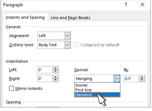 how to set hanging indent in word online