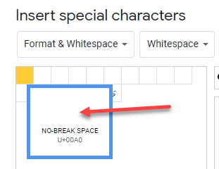 word non breaking space code