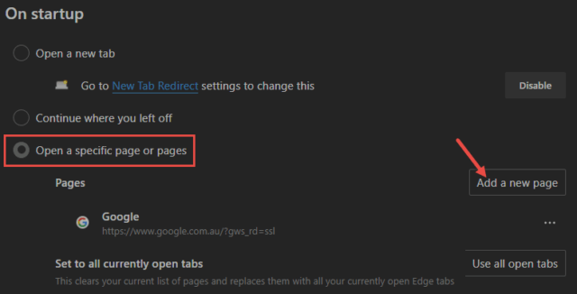 Edge Open Specific Pages