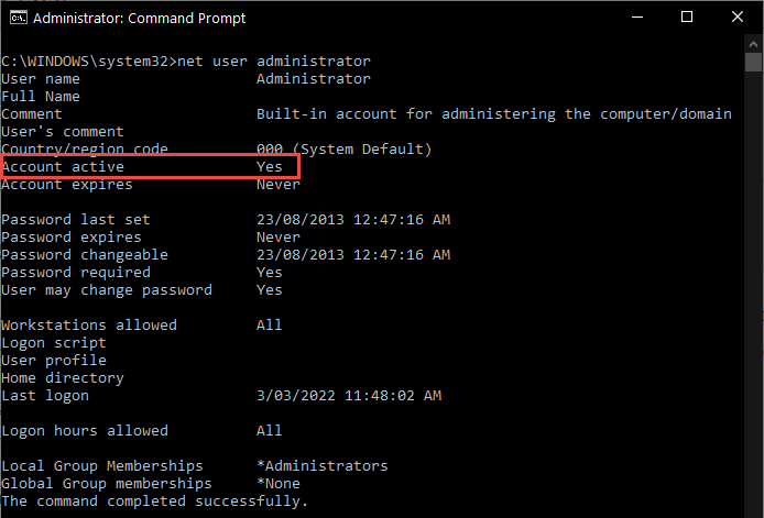 Enable Admin Account Command