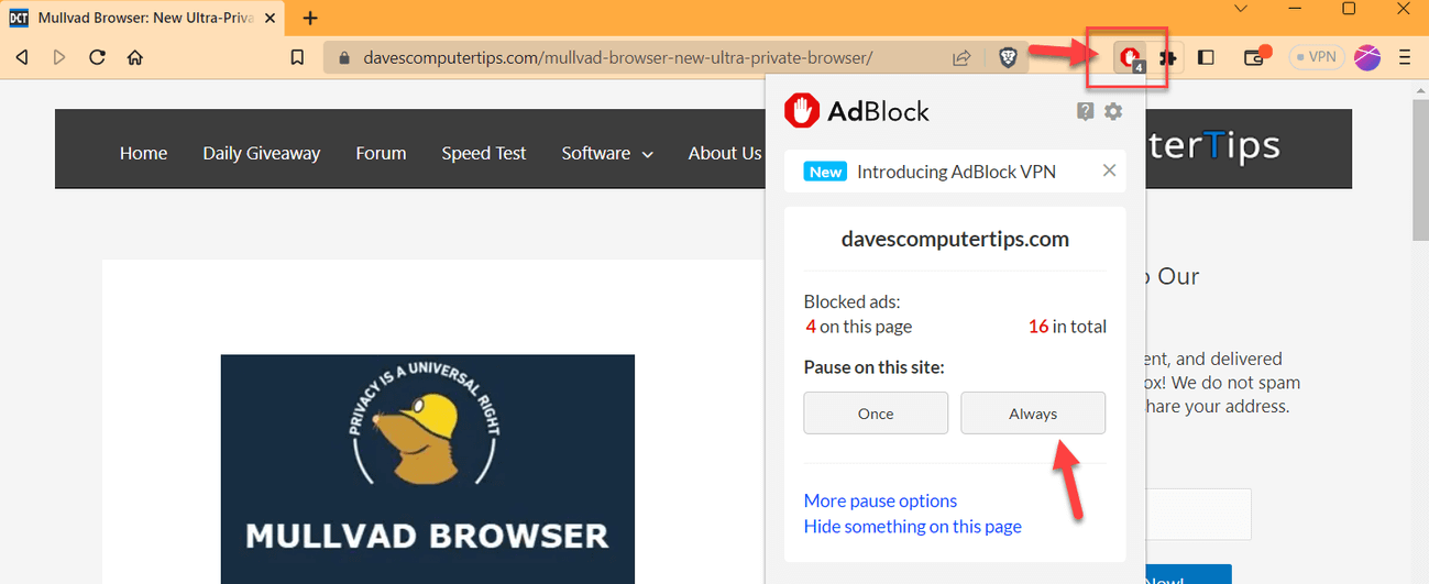 how do i whitelist a webiste using adguard adblocker