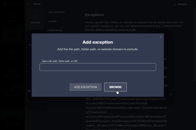 avast-add-exception-file-path-folder-website-browse