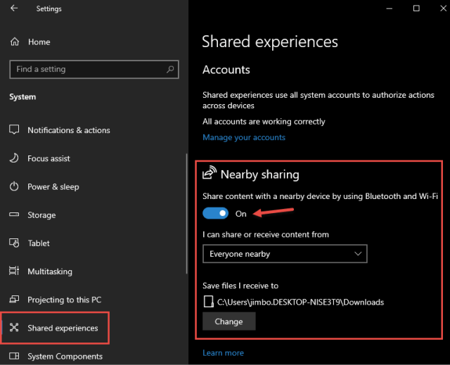 Win10 Nearby Sharing Settings