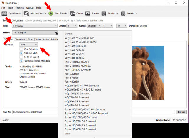 handbrake-select-ripping-options-title-presets-resolution-format-output-folder-start-encode