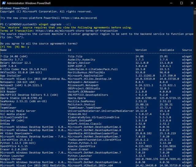powershell-winget-upgrade-all-terms-agreement-list-installed-apps