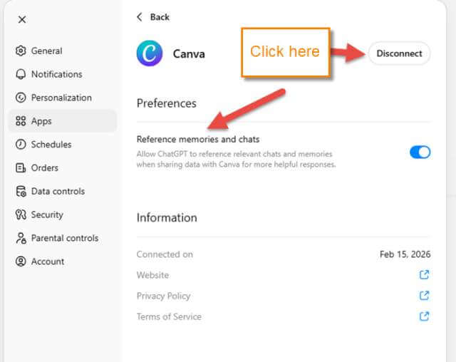 chatGPT-app-disconnect-link