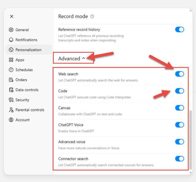 chatGPT-personalization-advanced-settings