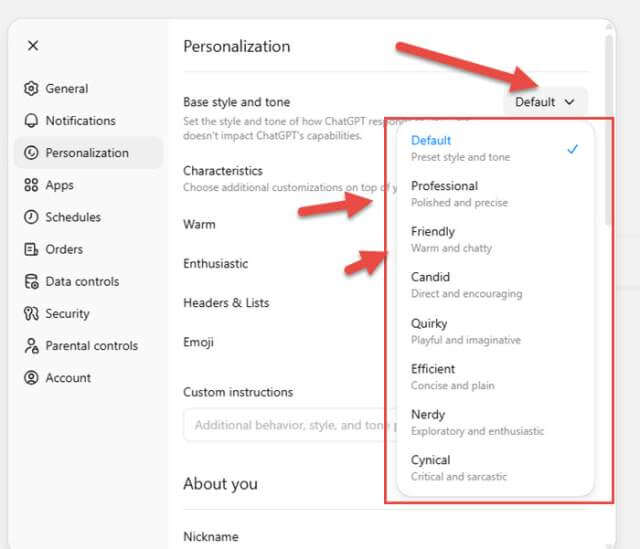 chatGPT-personalization-default-options