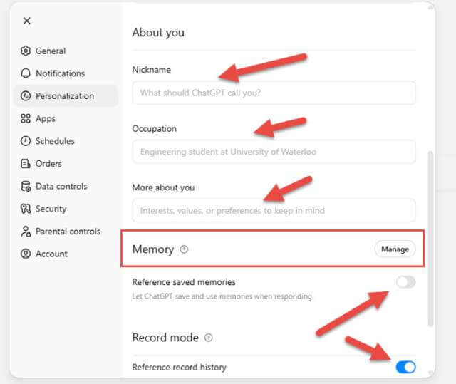chatGPT-personalization-settings