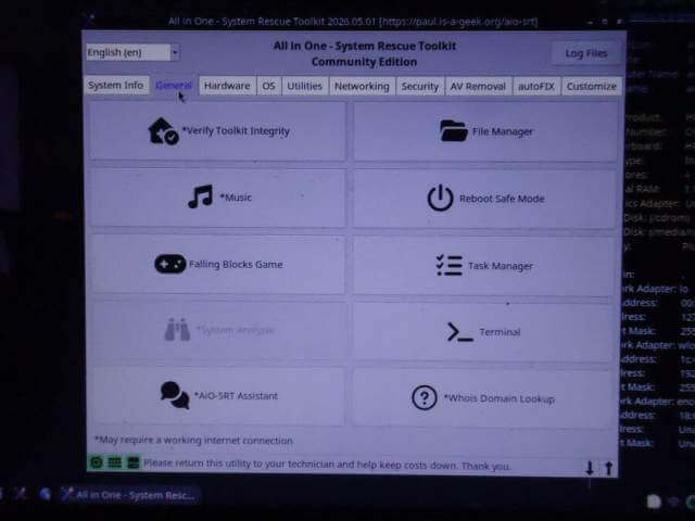 aio-all-in-one-system-rescue-toolkit-general-tab-verify-music-falling-blocks-game-file-manager-reboot-safe-mode-task--terminal