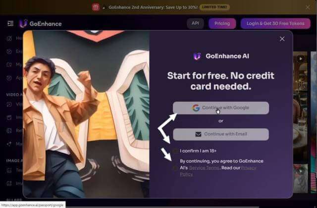goenhance-website-sign-in-with-google-email-confirm-18+-ai's-terms-privacy-policy